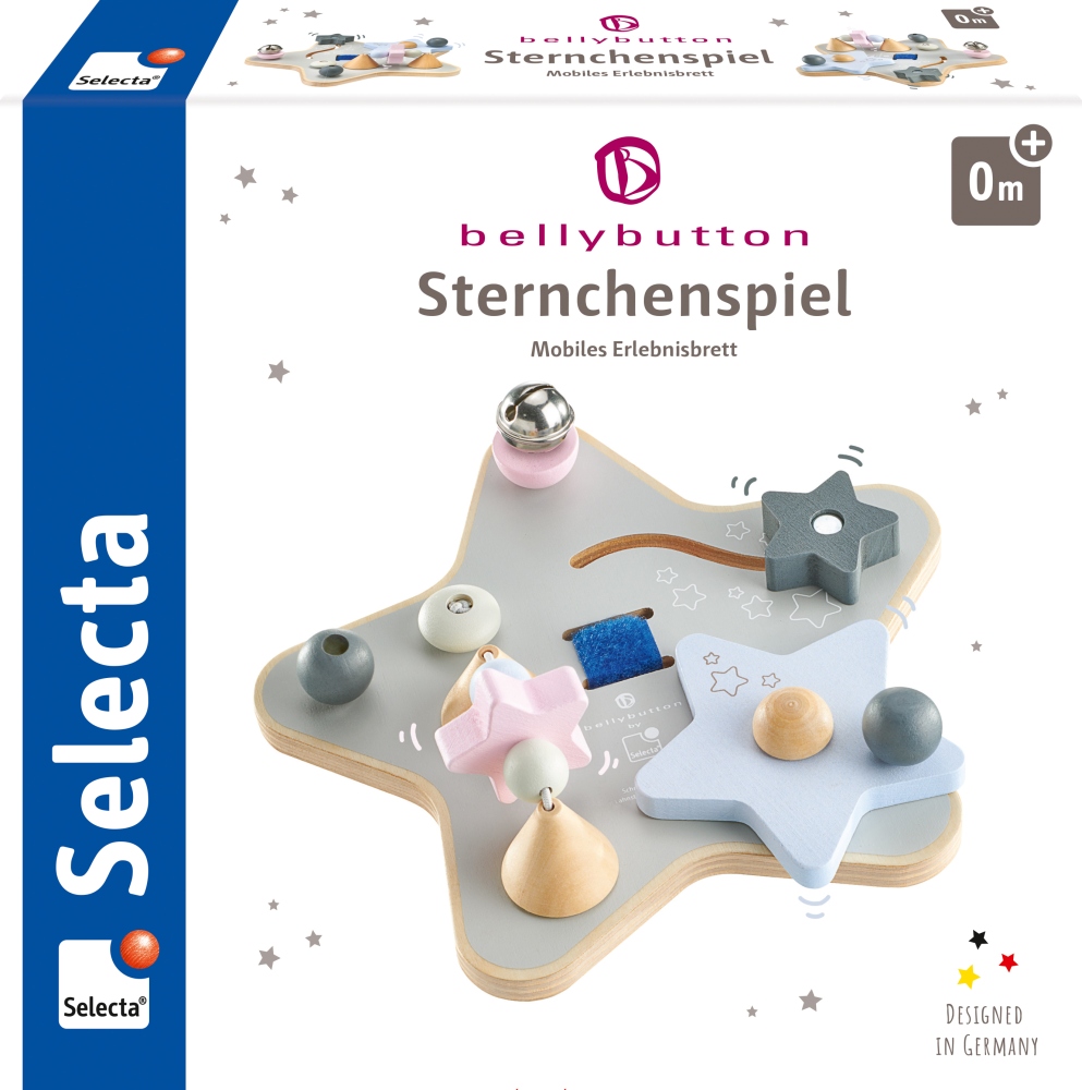 62072_Saltino_FS54_10_2019 Coffret de jouets pour bébés « Sternchenspiel » comprenant un tableau d'activités en bois en forme d'étoile et des formes aux couleurs pastel, de la marque Selecta.